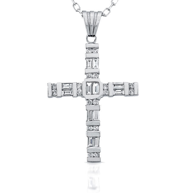 Baguette & Round Diamond Cross Pendant