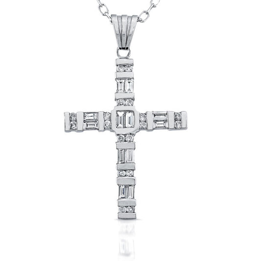 Baguette & Round Diamond Cross Pendant