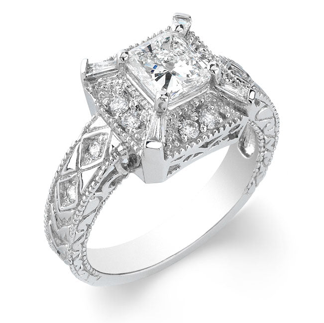 Vintage Style Engraved Halo Diamond Engagement Ring