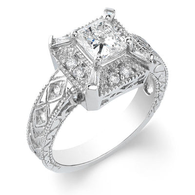 Vintage Style Engraved Halo Diamond Engagement Ring