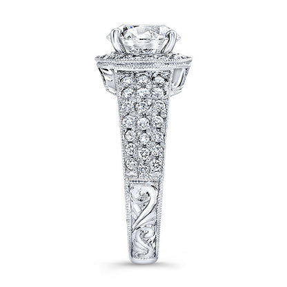 Vintage Style Engraved Halo Diamond Engagement Ring