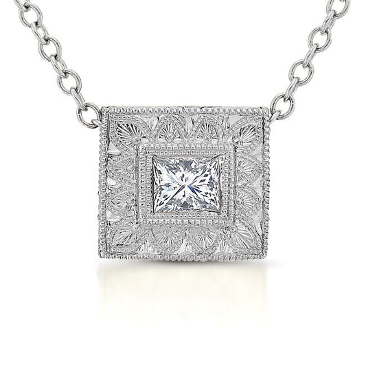 Princess Diamond Bezel Pendant Hand Engraved