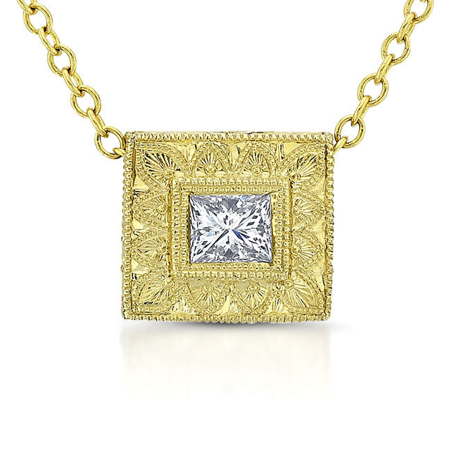 Princess Diamond Bezel Pendant Hand Engraved