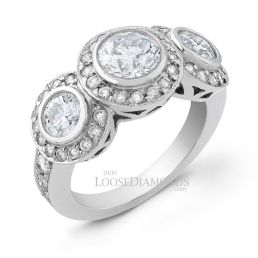 14k White Gold Classic Style 3-Stone Diamond Halo Engagement Ring