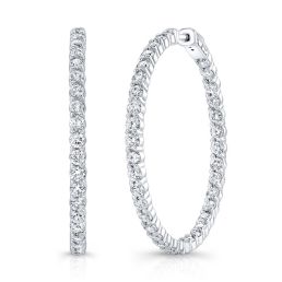 14k White Gold Diamond Hoop Earrings, Prong Set