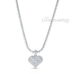 14k White Gold Modern Style Tennis Diamond Necklace & Diamond Heart Pendant