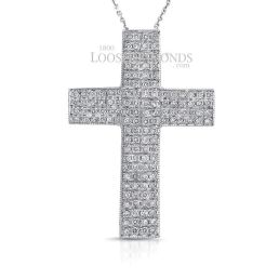 14k White Gold Modern Style Engraved Diamond Cross Pendant