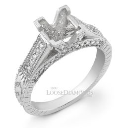 14k White Gold Vintage Style Hand Engraved Diamond Engagement Ring