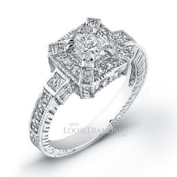 Platinum Art Deco Style Engraved Diamond Halo Engagement Ring