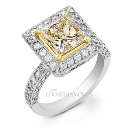 Platinum Classic Style Engraved 2-Tone Gold Diamond Halo Engagement Ring