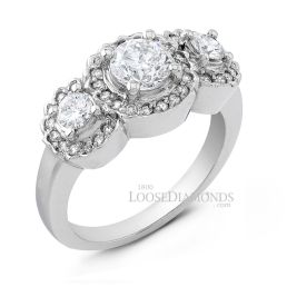 14k White Gold Modern Style 3-Stone Diamond Halo Engagement Ring