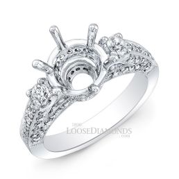 14k White Gold Vintage Style Engraved 3-Stone Diamond Engagement Ring