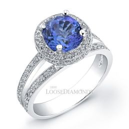 14k White Gold Modern Style Engraved Split Shank Diamond Halo Engagement Ring