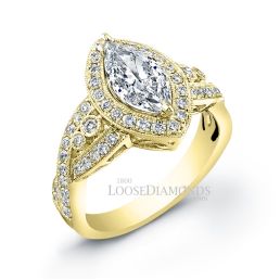 14k Yellow Gold Vintage Style Engraved Marquise Shape Diamond Halo Engagement Ring