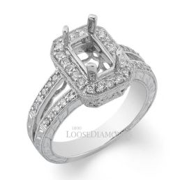 Platinum Vintage Style Split Shank Engraved Diamond Halo Engagement Ring