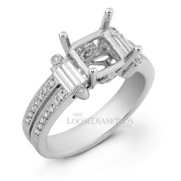 14k White Gold Modern Style 3-Stone Engraved Split Shank Diamond Engagement Ring