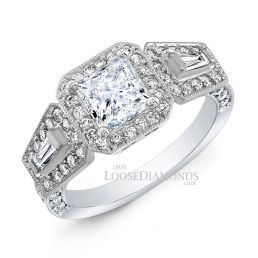 14k White Gold Art Deco Diamond Halo Engagement Ring