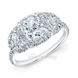 14k White Gold Modern Style 3-Stone Half Moon Diamond Halo Engagement Ring