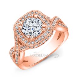 14k Rose Gold Twisted Shank Diamond Halo Engagement Ring
