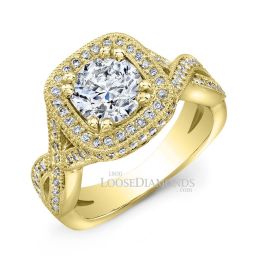 14k Yellow Gold Twisted Shank Diamond Halo Engagement Ring