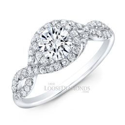 18k White Gold Modern Style Twisted Shank Diamond Halo Engagement Ring