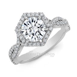 14k White Gold Art Deco Style Twisted Shank Hexagon Halo Diamond Engagement Ring