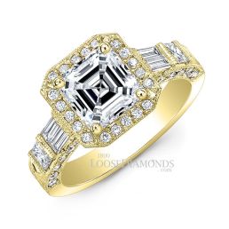 18k Yellow Gold Vintage Style Hand Engraved Diamond Halo Engagement Ring