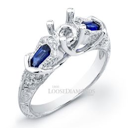 Platinum Vintage Style Engraved Diamond & Sapphire Engagement Ring