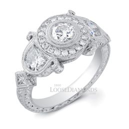 14k White Gold Vintage Style Half Moon Engraved Diamond Engagement Ring