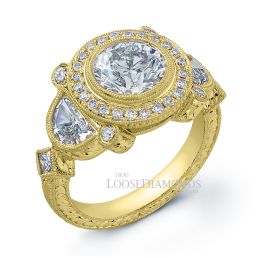 18k Yellow Gold Vintage Style Hand Engraved Diamond Engagement Ring