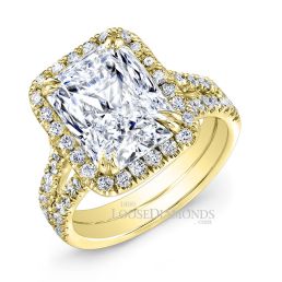 14k Yellow Gold Modern Style Spilt Shank Diamond Halo Engagement Ring