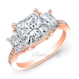 18k Rose Gold Modern Style Engraved 3-Stone Trapezoid Diamond Engagement Ring