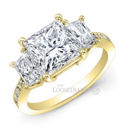 18k Yellow Gold Modern Style Engraved 3-Stone Trapezoid Diamond Engagement Ring