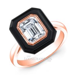 18k Rose Gold Art Deco Style Engraved Onyx Halo Engagement Ring