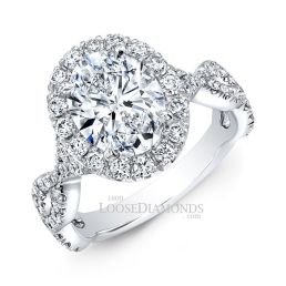 14k White Gold Modern Style Twisted Shank Diamond Halo Engagement Ring