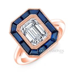 18k Rose Gold Art Deco Style Engraved Blue Sapphire Halo Engagement Ring
