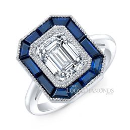 18k White Gold Art Deco Style Engraved Blue Sapphire Halo Engagement Ring