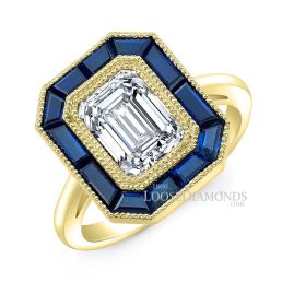 18k Yellow Gold Art Deco Style Engraved Blue Sapphire Halo Engagement Ring