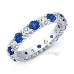 14k White Gold Classic Style Diamond & Sapphire Wedding Ring
