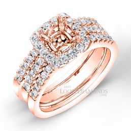 18k Rose Gold Modern Style Diamond Halo Double Prong Wedding Set