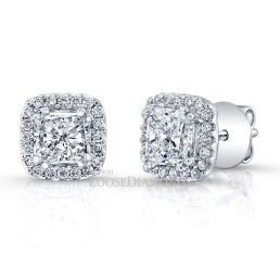 14k White Gold Modern Style Princess Cut Diamond Halo Stud Earrings