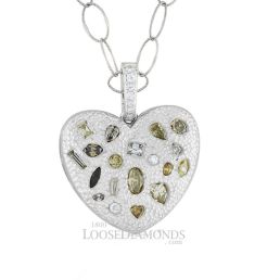 14k White Gold Vintage Style Multi-Color Fancy Shape Diamond Heart Pendant