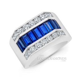 14k White Gold Men's Modern Style Diamond & Baguette Sapphire Ring