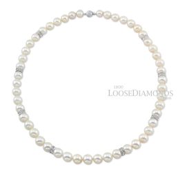 14k White Gold Classic Style Pearl & Diamond Rondel Necklace