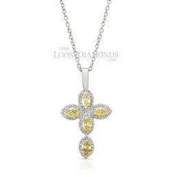 14k White Gold Modern Style Fancy Colored Diamond Cross Pendant