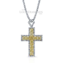 14k White Gold Modern Style Fancy Yellow Diamond Cross Pendant