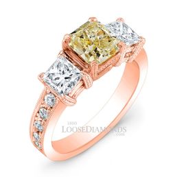 18k Rose Gold Vintage Style Engraved 3 Stone Diamond Engagement Ring