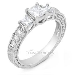 14k White Gold Vintage Style Engraved 3 Stone Diamond Engagement Ring