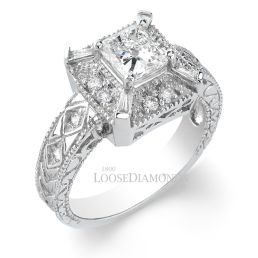 14k White Gold Vintage Style Engraved Diamond Halo Engagement Ring
