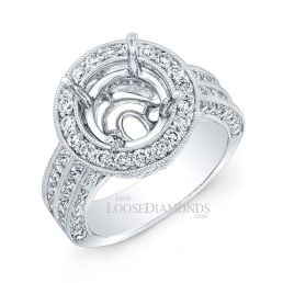 14k White Gold Vintage Style Engraved Diamond Halo Engagement Ring